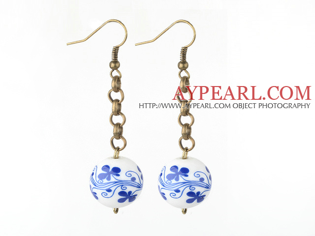 Dangle Style Round Blue and White Porcelain Beads Earrings