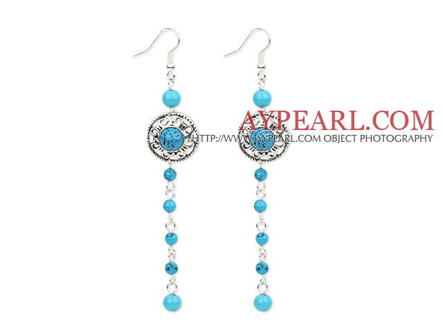 Fashion Long Chain Loop Style Round Blue Turquoise Dangle Earrings With Fish Hook