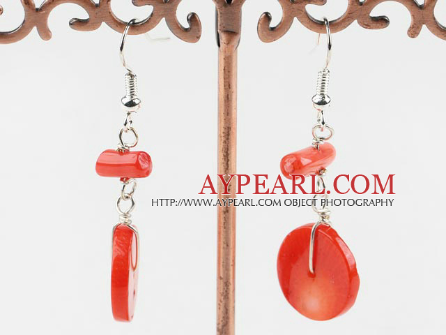 Lovely Disc And Cylinder Shape Red Coral Dangle Earrings With Fish Hook