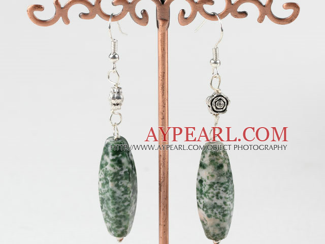 boucles d'oreilles vertes Jasper avec le Tibet en argent fleurs