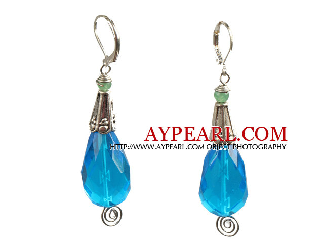 Summer Style Aventurine Faceted Drop Shape Blue Crystal Dangle Earrings With Lever Back Hook