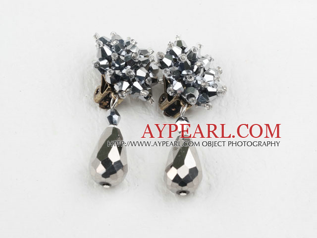 Stor stil sølvfarget fasettert Drop Crystal Clip øredobber