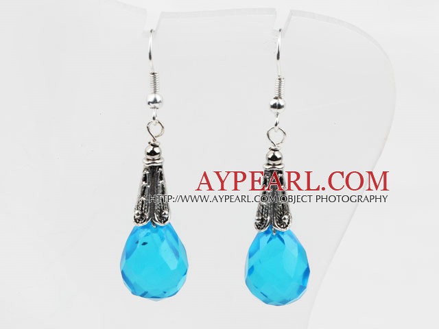 Classic Design Lake Blue Color Drop Shape Faceted Crystal Earrings