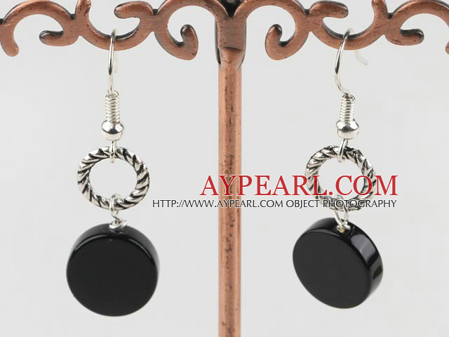 Fashion 12Mm Flat Round Black Agate And Loops Metal Charm Dangle Earrings With Fish Hook