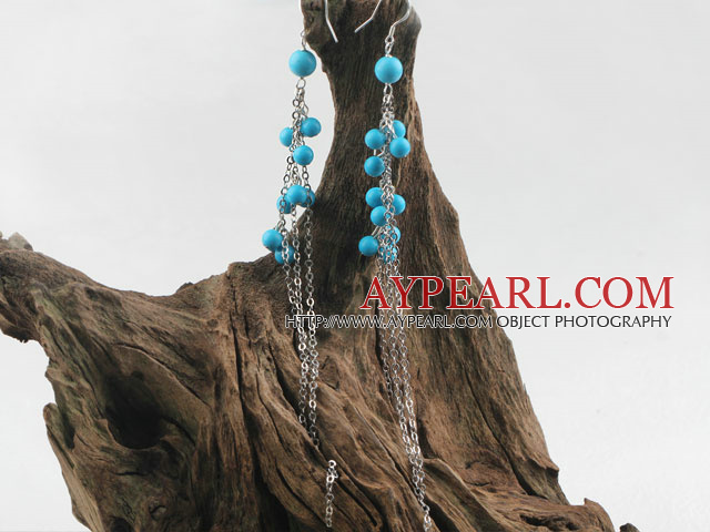 Fashion Long Chain Style 6-8Mm Round Blue Turquoise Ball Dangle Earrings