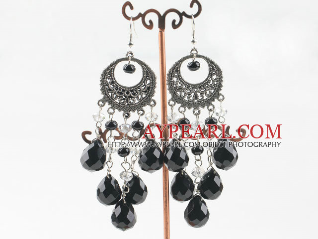 chandelier style black agate white crystal earrings