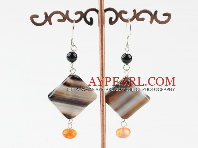 Fashion Long Style Round Rhombus Black And Orange Agate Dangle Earrings