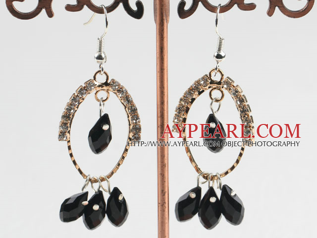 lovely black crystal earrings on gold tone loop with rhinestone