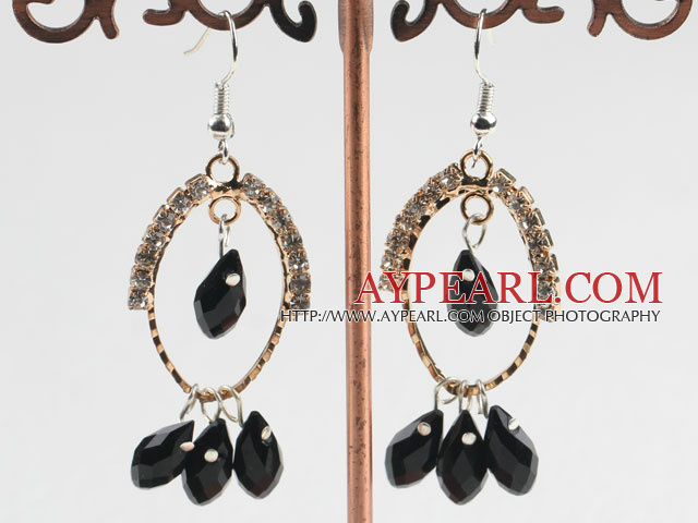 hermosa pendientes de cristal negro en bucle tono de oro con diamantes de imitación