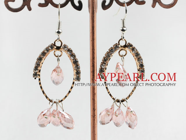 hermosa pendientes de cristal de color rosa en bucle tono de oro con diamantes de imitación