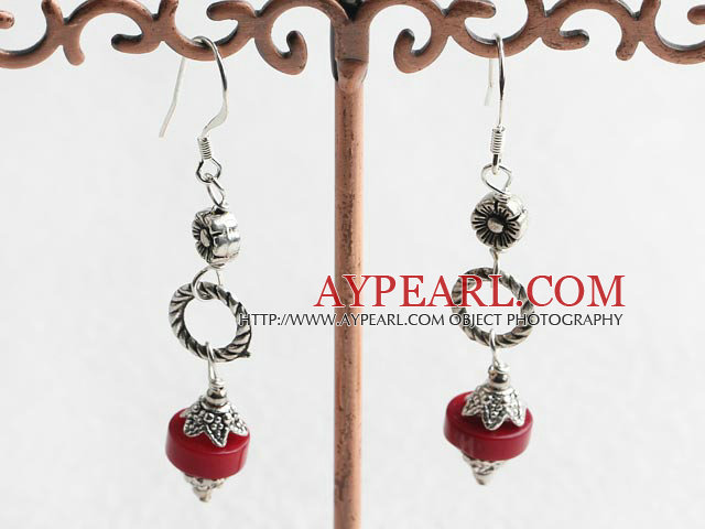 Lovely Red Donut Coral Looped Cap And Flower Charm Dangle Earrings