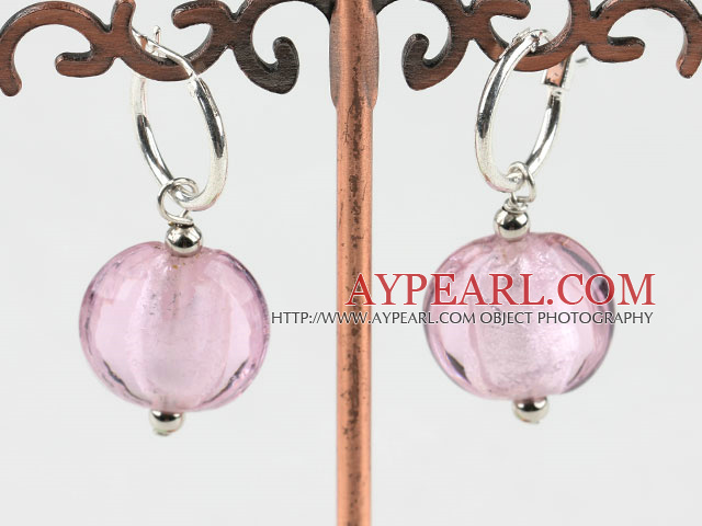 Cute style flat round shape pink colored glaze earrings