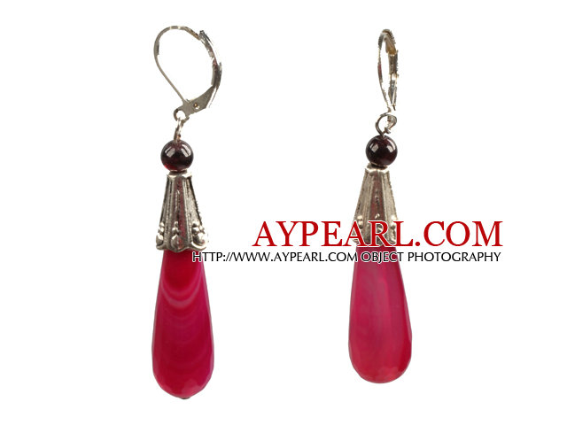 Summer Style Garnet Drop Shape Rose Red Agate Dangle Earrings With Lever Back Hook