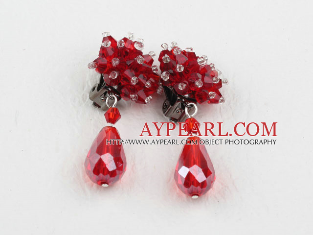 Big Style Red Color Faceted Drop Crystal Clip Earrings