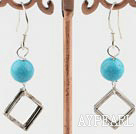 Nice 8Mm Round Blue Turquoise And Hollow Rhombus Metal Dangle Earrings