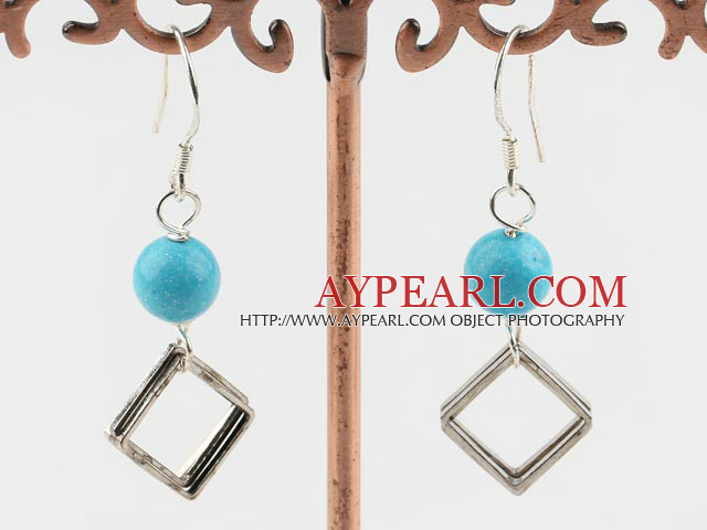 Nice 8Mm Round Blue Turquoise And Hollow Rhombus Metal Dangle Earrings