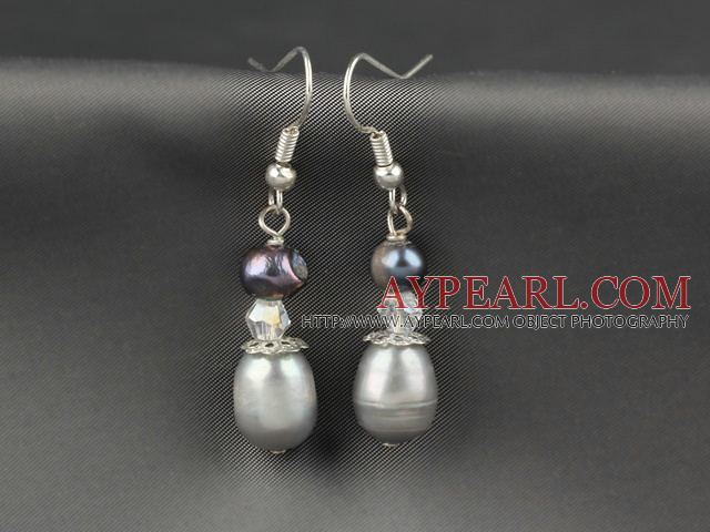 Beautiful Gray And Black Freshwater Pearl Crystal Dangle Earrings