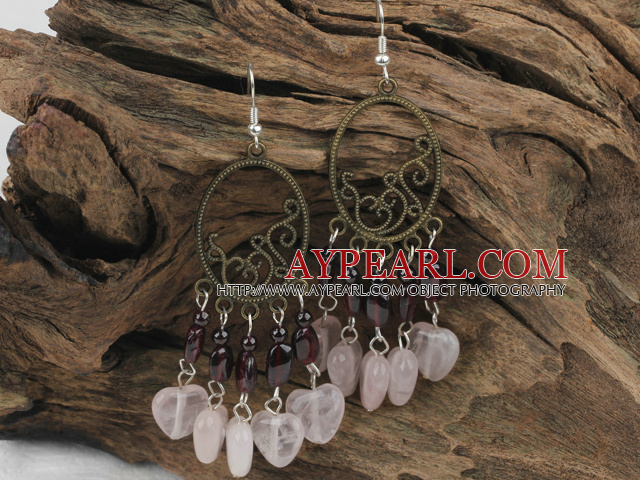 Nice Long Style Vintage Garnet And Rose Quartz Dangle Earrings With Loop Bronze Charm