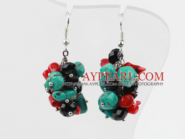 Assorted Turquoise and Red Coral and Black Crystal Cluster Earrings