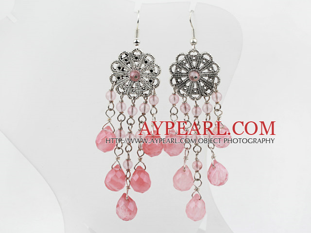 New Design Vintage Round And Drop Shape Cherry Quartz Dangle Earrings With Flower Charm