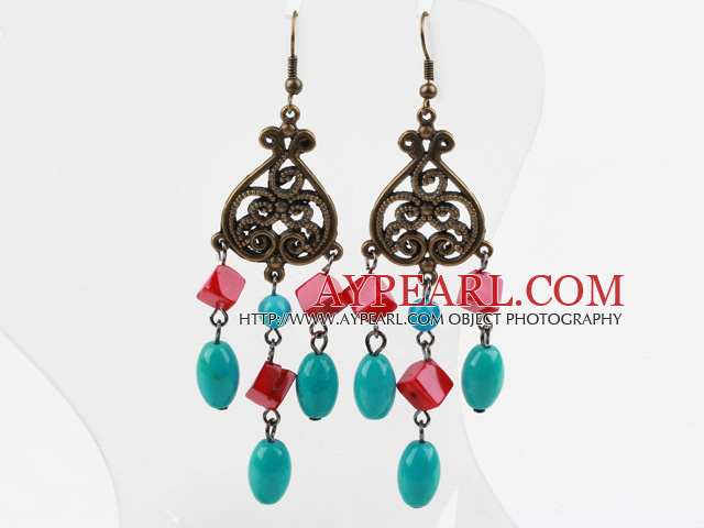 Vintage Style Turquoise and Red Coral Earrings