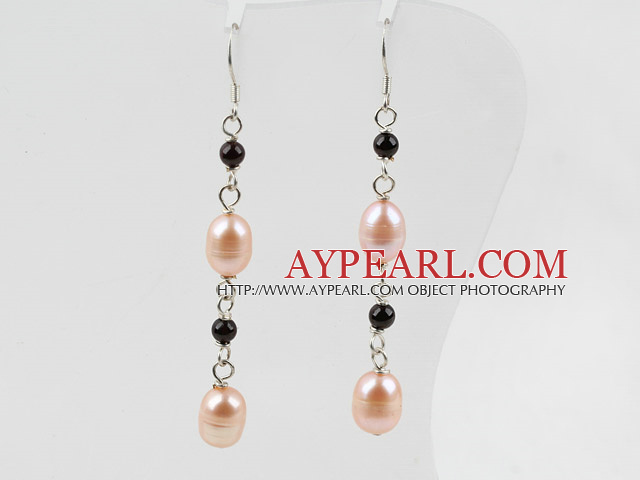 Style de perles d'eau douce rose Dangle et Garnet longues boucles d'oreille