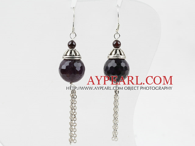 Lovely Long Chain Loop Style Round Amethyst Ball Dangle Earrings With Fish Hook