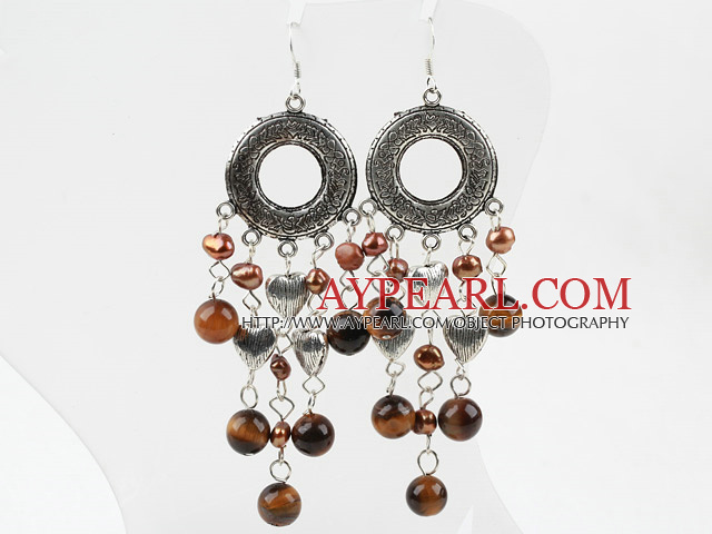 Brown Freshwater Pearl and Tigey Eye Earrings