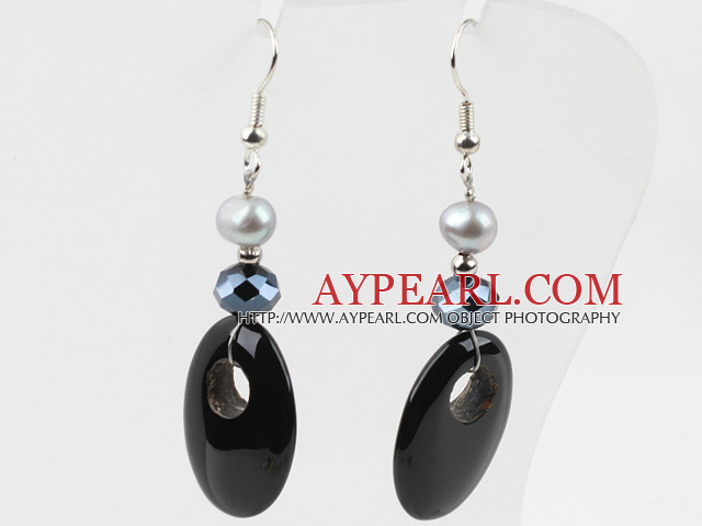 Boucles d'oreilles en agate noire et perles d'eau douce