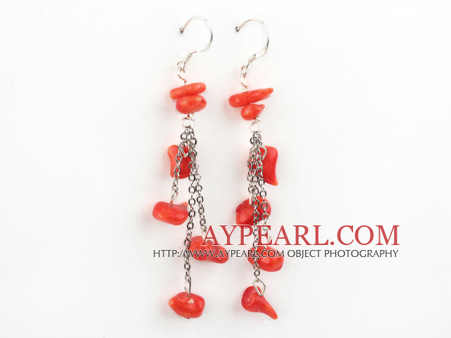 Nice Long Chain Loop Style Chipped Red Coral Dangle Earrings With Fish Hook