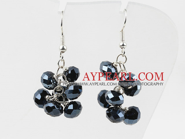 Lovely Loop Chain Cluster Style Faceted Black Crystal Dangle Earrings With Fish Hook