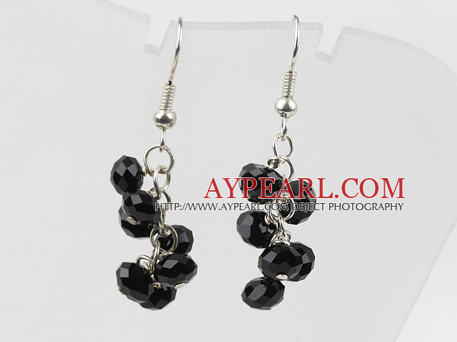 Simple Cluster Style Facted Black Crystal Loop Chain Dangle Earrings With Fish Hook