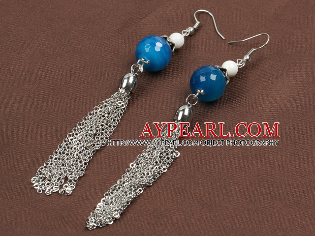 Fashion Style long Blus Agate et Blanc Porcelaine Bead allié Tassel Dangle Boucles d'oreilles