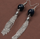 Fashion Long Style Faceted Black Agate Bead Alloyed Tassel Dangle Earrings