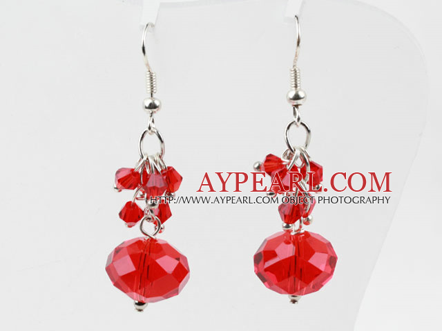Simple Cluster Style Red Crystal Ball Loop Link Dangle Earrings With Fish Hook