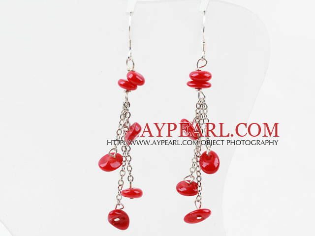 Nice Long Chain Loop Style Red Coral Dangle Earrings With Fish Hook