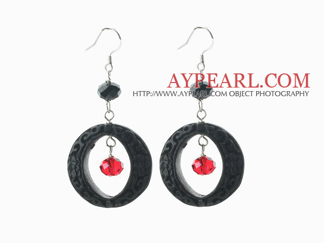 New Design Red Crystal and Carved Black Lacquerware Earrings