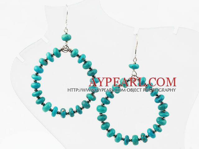 Turquoise and Silver Color Metal Beads Big Hoop Earrings