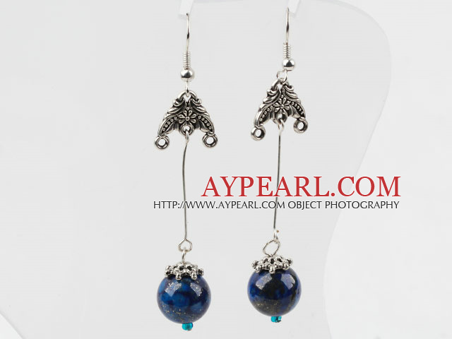 Simple Design Round Lapis And Engraved Meta Charm Dangle Earrings With Fish Hook