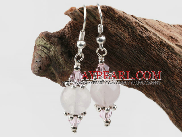 Fashion Simple Style Round Rose Quartz And Pink Crystal Charm Earrings With Fish Hook