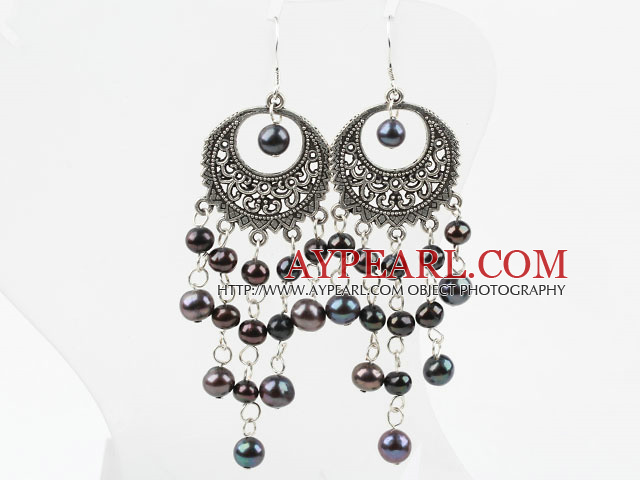 Beautiful Long Vintage Style Black Freshwater Pearl Dangle Earrings With Loop Metal Charm