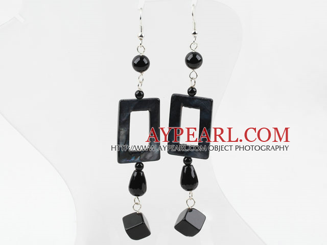 Black Agate and Black Shell Dangle Earrings