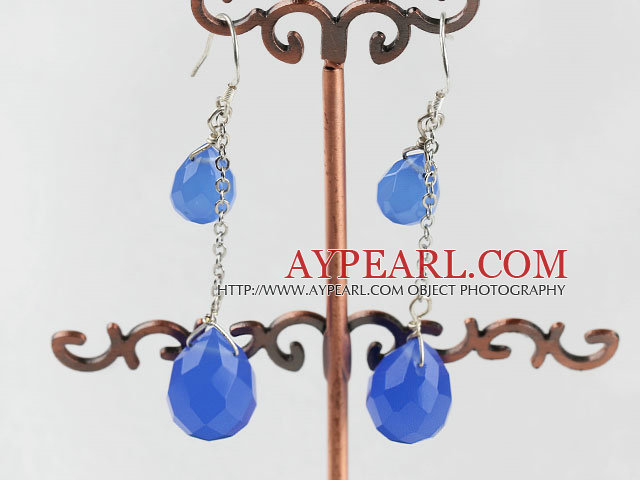 Fashion Long Chain Loop 12-16Mm Blue Drop Shape Crystal Dangle Earrings
