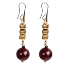 Long Style Garnet Rose Red Agate Dangle Earrings With Golden Charms