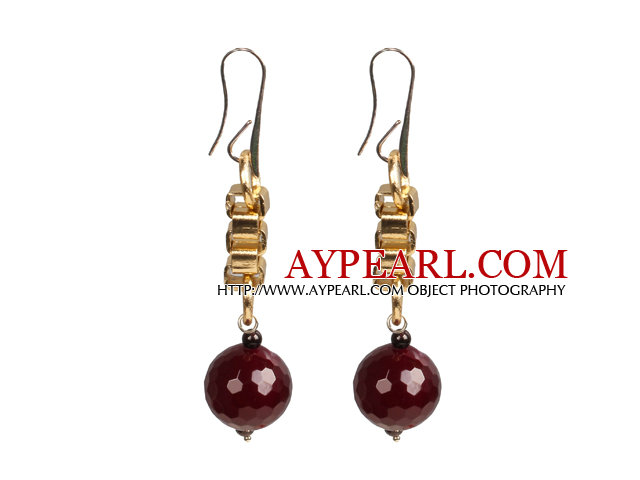 Long Style Garnet Rose Red Agate Dangle Earrings With Golden Charms