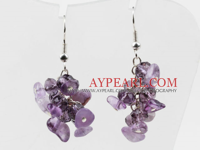 Lovely Cluster Loop Style Amethyst Chips Dangle Earrings With Fish Hook