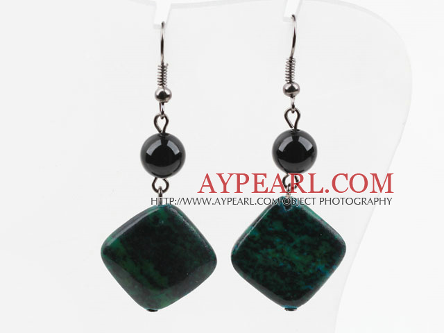 Dangle Style Round Black Agate and Diamond Shape Phoenix Stone Earrings