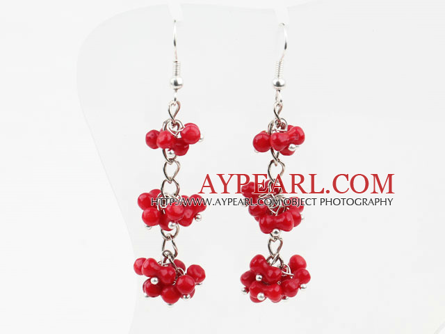 Long Style Red Coral Dangle Earrings with Metal Chain
