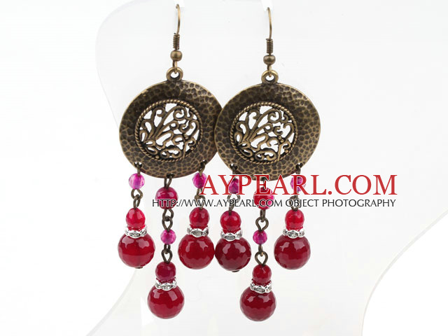 Long Vintage Style Round Rose Red Agate Dangle Earrings With Bronze Charm