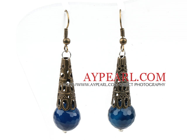 Vintage Style Facetté Boucles d'oreilles en agate bleue